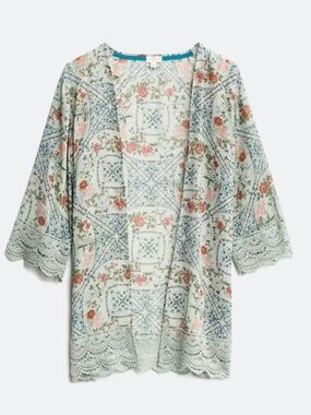 Mason and Belle Chiffon Light Green Floral Lace-Trim Kimono Cardigan. XL